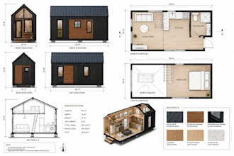 design a tiny house floor plan, studio houses, 3d model and elevations