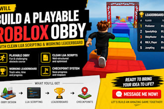 build custom roblox obby games, leaderboard lua scripts, npc ai teleport systems