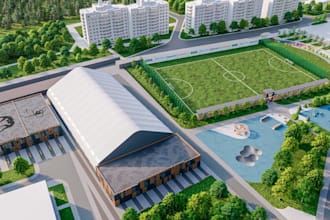 retrofit 3d urban community sport hub,sport field render, outdoor football pitch