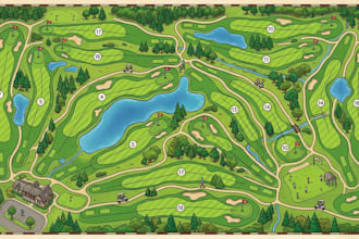 create an illustrated golf course map with fairways, holes, paths and icons
