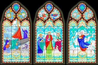 design custom stained glass art, church windows, mosaic gothic illustration