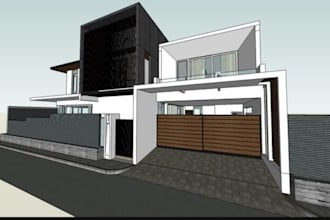 create a modern house facade design and realistic 3d elevation 3d exterior