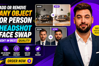 add or remove any object or person and edit headshot face swap, in best quality