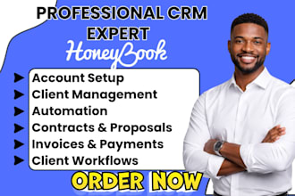 setup honeybook CRM, automations, contracts, invoices and client workflows