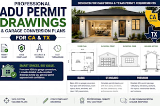 design adu permit drawings, garage conversion plans for california texas utah