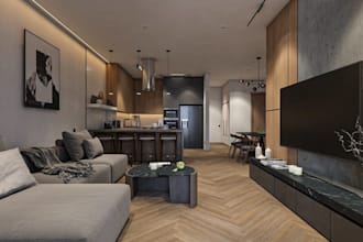 enhance 3d luxury apartment, modern dining, minimalist bedroom,color palette cgi