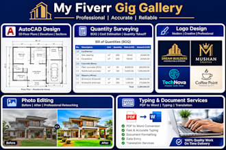 provide autocad, quantity surveying, logo design, photo editing, typing,