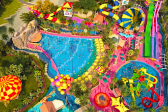 design 3d water park, aqua park, resort pool, water slides, landscaping