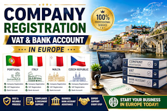 do company registration,vat, bank account in portugal,italy,malta,czech republic