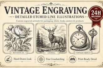 create vintage engraving and detailed etched line illustrations