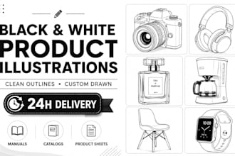 draw black and white product illustrations with clean outlines