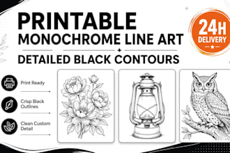 create printable monochrome line art with detailed black contours