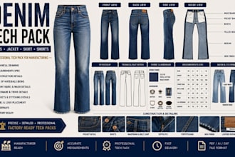 design denim tech pack jeans jacket skirt and shorts for manufacturing ready