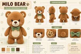 create custom plush reference sheets for oc, fursona mascot and plush toy