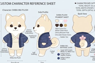 design custom plushie reference sheet, stuffed animal character design tech pack