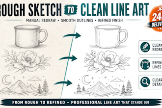 redraw rough hand drawn pencil sketches into clean refined line art