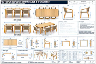 create cnc shop drawing for dining table, chair, and sofas for cnc fabrications