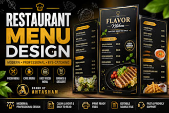 design a professional restaurant menu, food menu or cafe menu