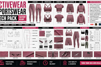 design activewear sportwear tech pack with flat sketch for manufacturing