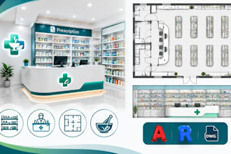 create pharmacy shelving layouts, prescription counter plans and store designs