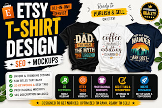 create etsy tshirt designs, seo titles, mockups