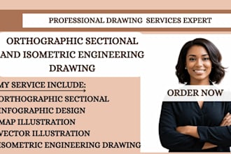 create orthographic sectional map illustration and isometric engineering drawing