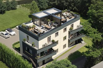 redesign apartment building exterior, multi story homes, interior rendering, cgi