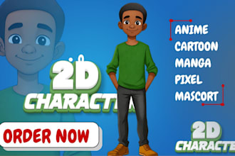 do 2d cartoon anime pixel mascort character and concept art