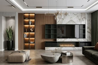 create modern fireplace TV media walls with paneling lighting and 3d rendering