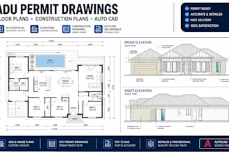 draft adu permit drawings, floor plans and construction plans for autocad