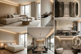 do luxury dinning bedroom layout and livingroom with realistic 3d rendering