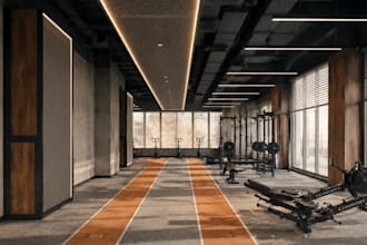 setup commercial gym interior,fitness center,open concept layout,3d sprint track