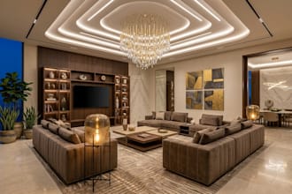 create modern livingroom and family room with TV wall layouts and 3d modeling