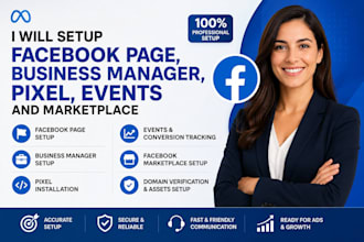 setup facebook page, business manager, pixel, events and marketplace