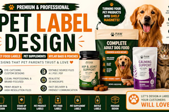 do pet label design, pet food packaging, mylar bags, supplement label in 24hrs