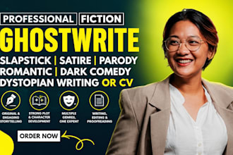ghostwrite slapstick staire parody romantic dark comedy dystopian writing or cv