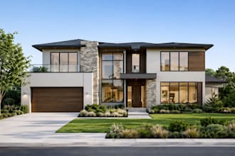 design house interior and exterior, facade, landscape and 3d realistic rendering