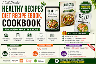 develop healthy recipes, any diet recipe ebook, cookbook amazon kdp