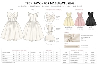 create fashion tech pack, clothing tech pack and  flat sketch for production
