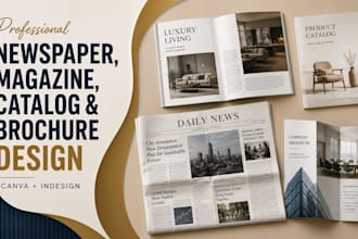 newspaper layout design catalog, brochure magazine layout, in canva and indesign