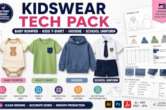create kidswear tech pack for baby romper, kids tshirt hoodie and school uniform