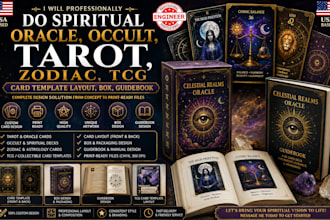 d ospiritual oracle occult tarot, zodiac tcg card template layout box, guidebook