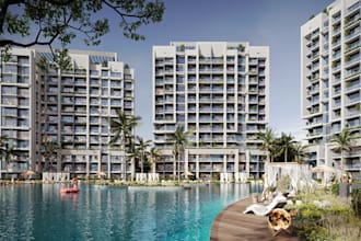 luxury 3d condo apartment, tropical landscape,resort poolside, waterfront render
