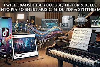 transcribe youtube,tiktok and reels into piano sheet music, midi,PDF  synthesia