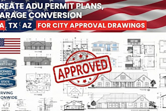 create adu permit plans, garage conversion ca tx az for city approval drawings