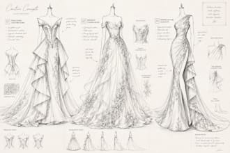draw a fashion illustration and sketch, gown, bridal wedding dress, and abaya