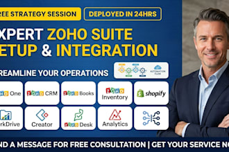 setup zoho CRM, zoho one, books, inventory, shopify workdrive flow integration