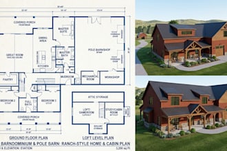 design custom barndominium, pole barn, room arrangement cabin and farmhouse plan