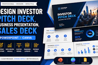 design investor pitch deck, business presentation, sales deck powerpoint canva