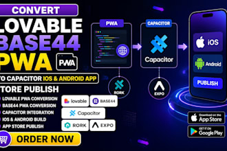 convert lovable base44 pwa to capacitor ios android app store publish rork expo